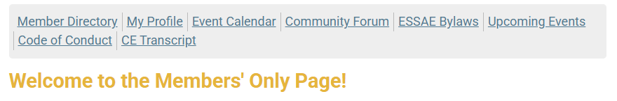 Screenshot showing navigation tabs available in the ESSAE Members Only area