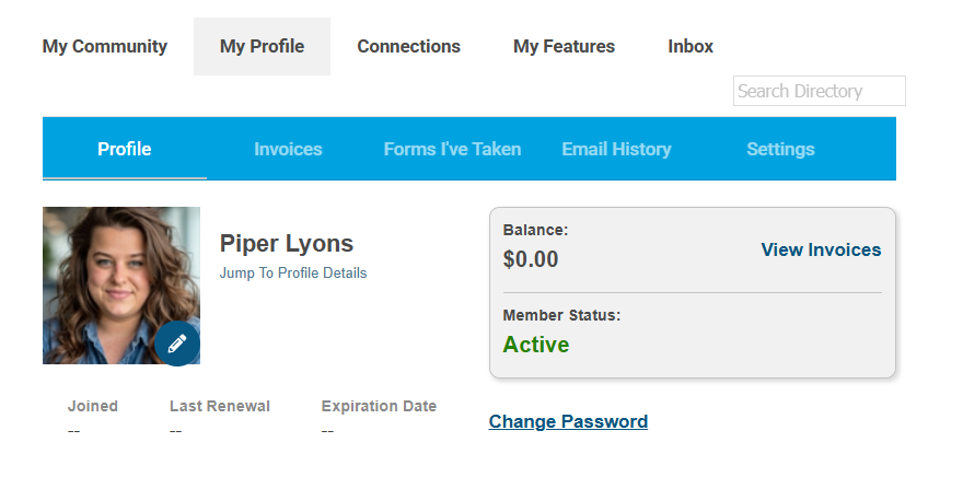 Screenshot showing tabs available within the ESSAE My Profile area